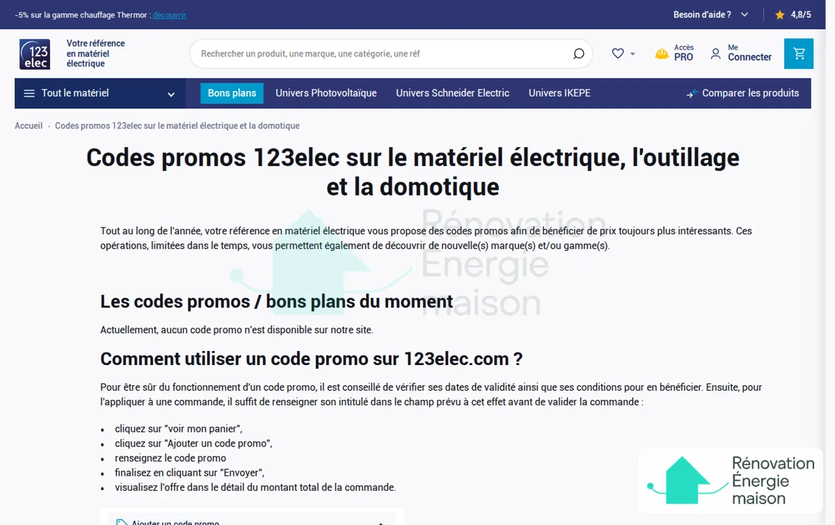 Capture : Bons plans sur le matériel électrique avec les codes promos 123elec.com